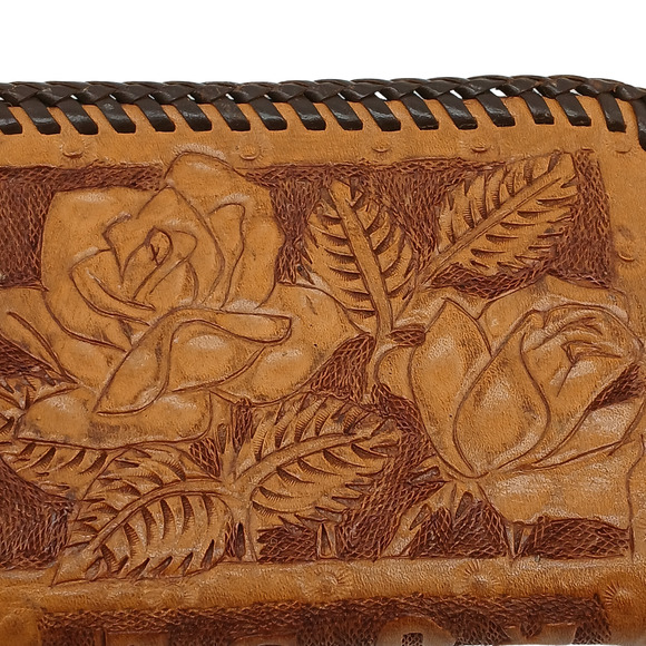 VTG Ladies Hand Tooled Leather Clutch Wallet Coin Purse Rose Design 5"x3.75"x1" - Picture 7 of 10